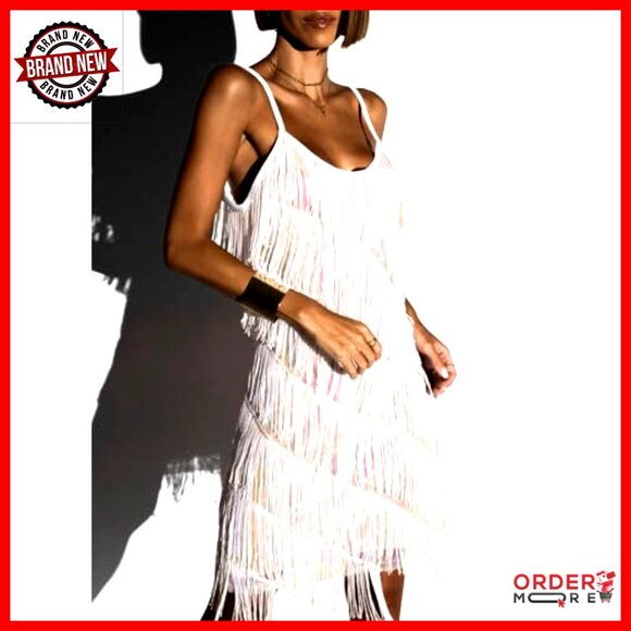 Sequin Tassel Fringe Party Dress Sleeveless Spaghetti Straps Mini Cocktail - Picture 2 of 7